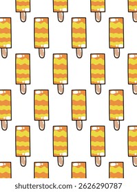 Seamless pattern of colorful ice creams in a fun, cartoon style. Bright and playful design perfect for summer products, kids' items, textiles, wrapping paper, and backgrounds.