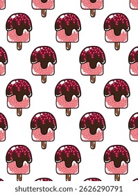 Seamless pattern of colorful ice creams in a fun, cartoon style. Bright and playful design perfect for summer products, kids' items, textiles, wrapping paper, and backgrounds.