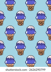 Seamless pattern of colorful ice creams in a fun, cartoon style. Bright and playful design perfect for summer products, kids' items, textiles, wrapping paper, and backgrounds.