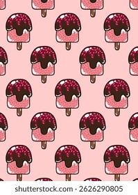 Seamless pattern of colorful ice creams in a fun, cartoon style. Bright and playful design perfect for summer products, kids' items, textiles, wrapping paper, and backgrounds.