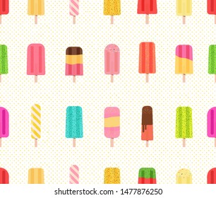 Seamless pattern with colorful ice pops on white background with small yellow polka dots. Collection of fruit popsicles.