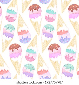 Seamless pattern with colorful ice-cream cones on white background. Watercolor seamless design with frozen yogurt drawing