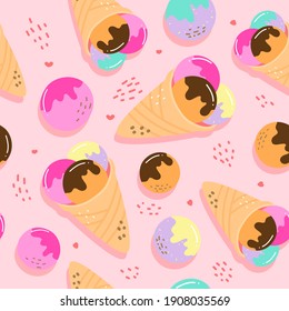 Seamless pattern colorful ice-cream in summer festival on pink pastel background. Vector illustration.