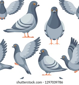 Seamless pattern. Colorful Icon set of Pigeon bird flying and sitting. Flat cartoon character design. Colorful bird icon. Cute pigeon template. Vector illustration on white background.