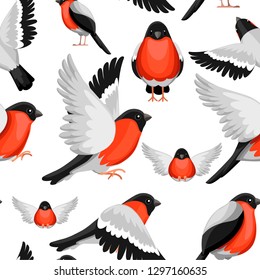 Seamless pattern. Colorful Icon set of Bullfinch bird. Flat cartoon character design. Bird icon in different side of view. Winter bird. Vector illustration on white background.