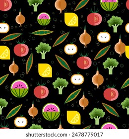  Seamless pattern of colorful icons of vegetables and fruits of different shapes and sizes on a black background. The image is a playful and whimsical representation of the natural world. Suitable for