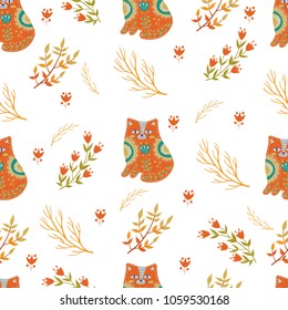 Seamless pattern colorful illustration with beautiful flowers and cats. Scandinavian style. Folk art.