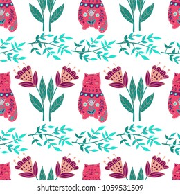 Seamless pattern colorful illustration with beautiful flowers and cats. Scandinavian style. Folk art