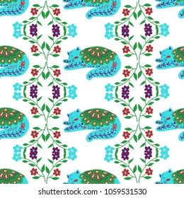 Seamless pattern colorful illustration with beautiful flowers and cats. Scandinavian style. Folk art
