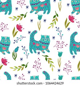 Seamless pattern colorful illustration with beautiful flowers and cats. Scandinavian style. Folk art