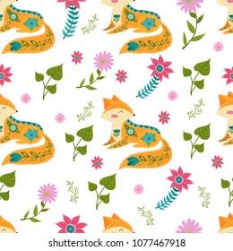 Seamless pattern colorful illustration with beautiful flowers and fox. Scandinavian style. Folk art