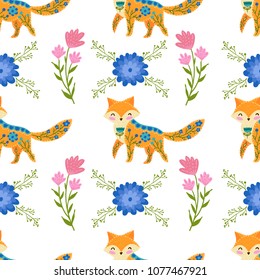 Seamless pattern colorful illustration with beautiful flowers and fox. Scandinavian style. Folk art