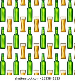 Ilustración colorida del modelo inconsútil de la taza de cerveza y de la botella de cristal. Taza de cerveza con espuma. Diseños de Vector para uso en Anuncio, póster, tarjeta, invitación. Oktoberfest.