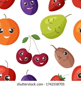 seamless pattern of colorful images of cute kawaii fruits. Isolated elements on white background. Funny food, characters for children. Flat style, vector illustration.