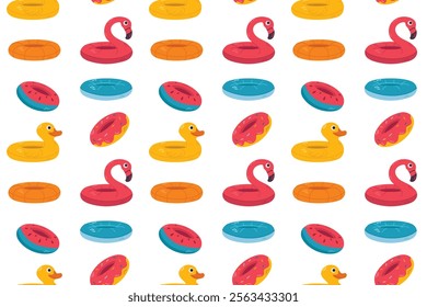 Seamless pattern with colorful inflatable floats for swimming - flamingo, duck, donuts, and more