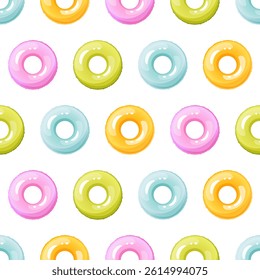 Seamless pattern of colorful inflatable swimming rings. Bright lifebuoy, inflatable float toy. Summer accessory for swimming on the beach, in the pool. Vector summer pattern.