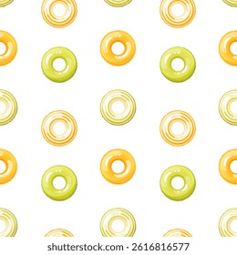 Seamless pattern of colorful inflatable swimming rings. Bright lifebuoy, inflatable float toy. Summer accessory for swimming on the beach, in the pool. Vector summer pattern.