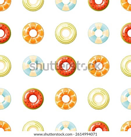 Seamless pattern of colorful inflatable swimming rings. Bright lifebuoy, inflatable float toy. Summer accessory for swimming on the beach, in the pool. Vector summer pattern.