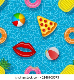 seamless pattern with colorful inflatables on pool water background. summer seamless texture with balloons, inflatable mattresses and swimming rings