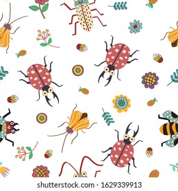 Seamless pattern colorful insect and plant with garden concept.creative pattern texture for fabric, wrapping, textile, wallpaper, apparel.