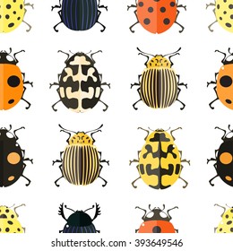 Seamless pattern with colorful insects. Bug wallpaper. Vector illustration for printing onto fabric.