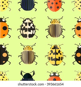 Seamless pattern with colorful insects. Bug wallpaper. Vector illustration for printing onto fabric.