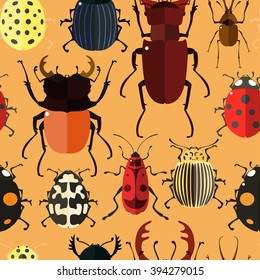 Seamless pattern with colorful insects. Bug wallpaper. Vector illustration for printing onto fabric.