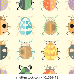 Seamless pattern with colorful insects. Bug wallpaper. Vector illustration for printing onto fabric.