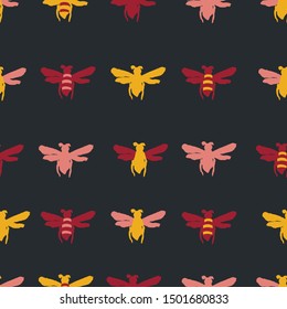 Seamless pattern with colorful insects in dark background