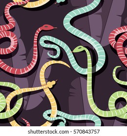 Seamless pattern with colorful intertwined striped rain forest snakes, vector illustration