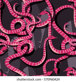 Seamless pattern with colorful intertwined striped rain forest snakes, vector illustration