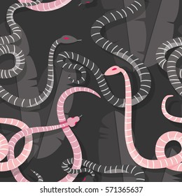 Seamless pattern with colorful intertwined striped rain forest snakes, vector illustration