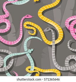Seamless pattern with colorful intertwined striped rain forest snakes, vector illustration