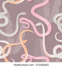 Seamless pattern with colorful intertwined striped rain forest snakes, vector illustration