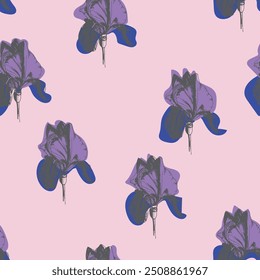 Seamless pattern with colorful iris flowers. Line drawing on simple shape