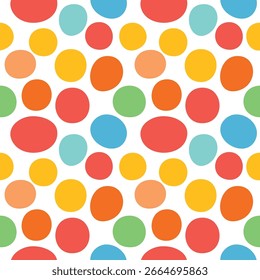 A seamless pattern of colorful, irregular oval-shaped dots in bright tones of red, yellow, orange, green, and blue on a white background.