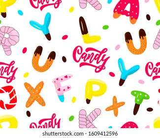 Seamless pattern of colorful isolated letters, word Candy. Background for kids products, package,for graphic design, decoration, paper. Different forms donut, biscuit, cake, marshmallows Vector