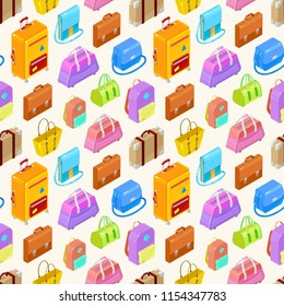 Seamless pattern of colorful isometric bags ans suitcases.Vector illustration.