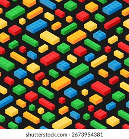 Patrón sin fisuras de ilustración isométrica colorida de bloques de construcción de juguetes de plástico dispersos en rojo, verde, azul, naranja y amarillo en varios tamaños y Formas, sobre un fondo negro.