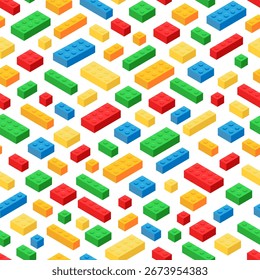 Seamless pattern of colorful isometric illustration of scattered plastic toy building blocks in red, green, blue, orange, and yellow in various sizes and shapes, on a white background.