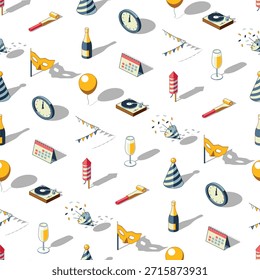 Patrón inconsútil de los iconos isométricos coloridos del partido de la víspera del año Nuevo en fondo transparente