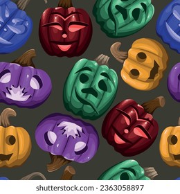 Seamless pattern with colorful jack-o'-lanterns on a dark background