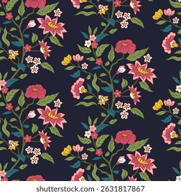 Seamless pattern with colorful jacobean hand drawn flowers on black background. Floral wallpaper with oriental folk style ornament vector illustration