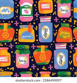 Seamless pattern with colorful jam jars with fruit labels isolated on background. Set of fruit jams in glass jars in cartoon style. Hand-drawn flat vector illustration. Homemade marmalade jars.