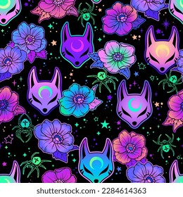 Seamless pattern with colorful Japanese fox masks and flowers