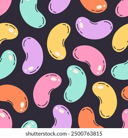 Seamless pattern with colorful jelly beans. Sweets, candies. Halloween sweets seamless pattern. Print for banners, wallpapers, textiles, wrapping paper. Vector illustration in flat style