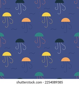 Seamless pattern of with colorful jelly fish. Modern vector design for fabric and paper, surface textures.