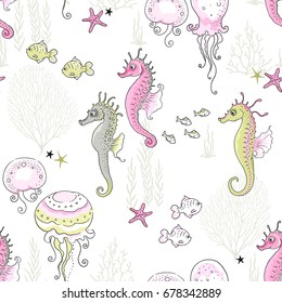 Seamless pattern with colorful jellyfish, seahorses, fishes and coral, vector illustration for baby on white background.