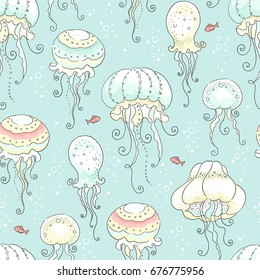 Seamless pattern with colorful jellyfish and small red fish, vector illustration for baby.