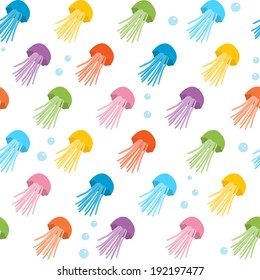 Seamless pattern with colorful jellyfish swimming diagonally